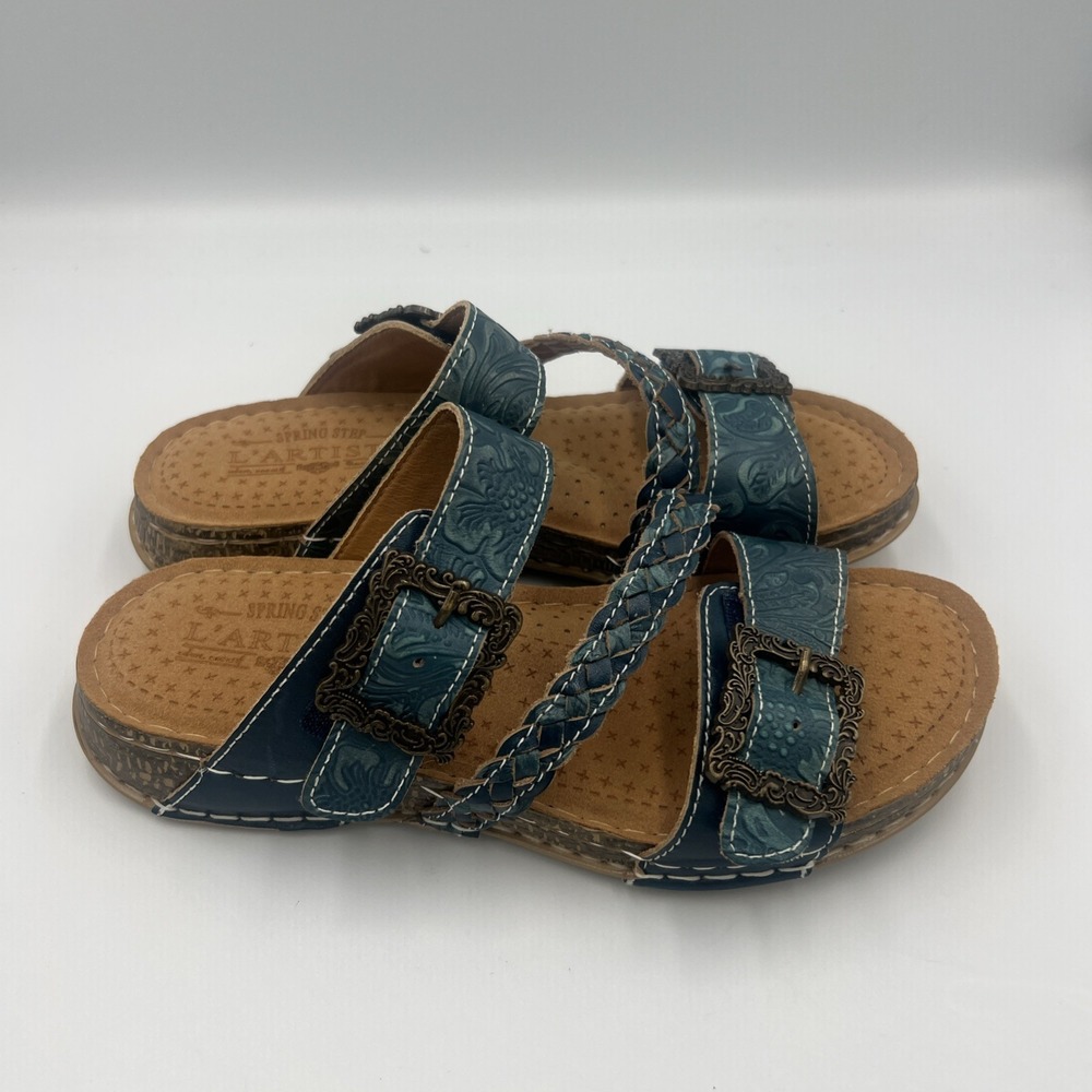 $120 Spring Step L'Artiste Blue Slip On Leather Astra Slide Sandal 37 / 6.5-7